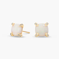 Royal Cushion White Opal Diamond-Tipped Stud Earrings in Yellow Gold