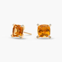 Royal Cushion Citrine Diamond-Tipped Stud Earrings in Yellow Gold