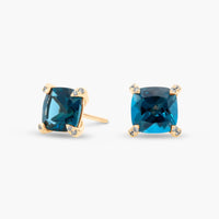 Royal Cushion London Blue Topaz Diamond-Tipped Stud Earrings in Yellow Gold