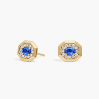 Oval Cut Blue Sapphire and Pavé Diamond Stud Earrings In Yellow Gold