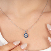 Blue Sapphire Evil Eye Halo Pendant Necklace in Made With Pure 925 Silver