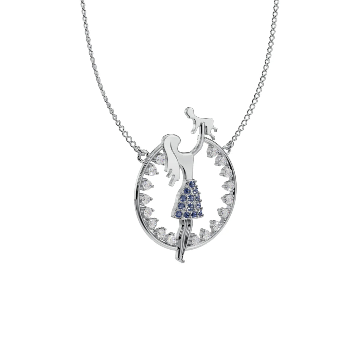 Dancing Girl Blue Sapphire Circle Pendant Necklace in Sterling Silver