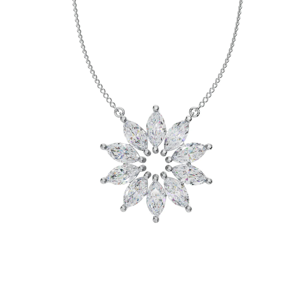 Marquise Diamond Floral Sunburst Pendant Necklace in 925 Sterling Silver ✨