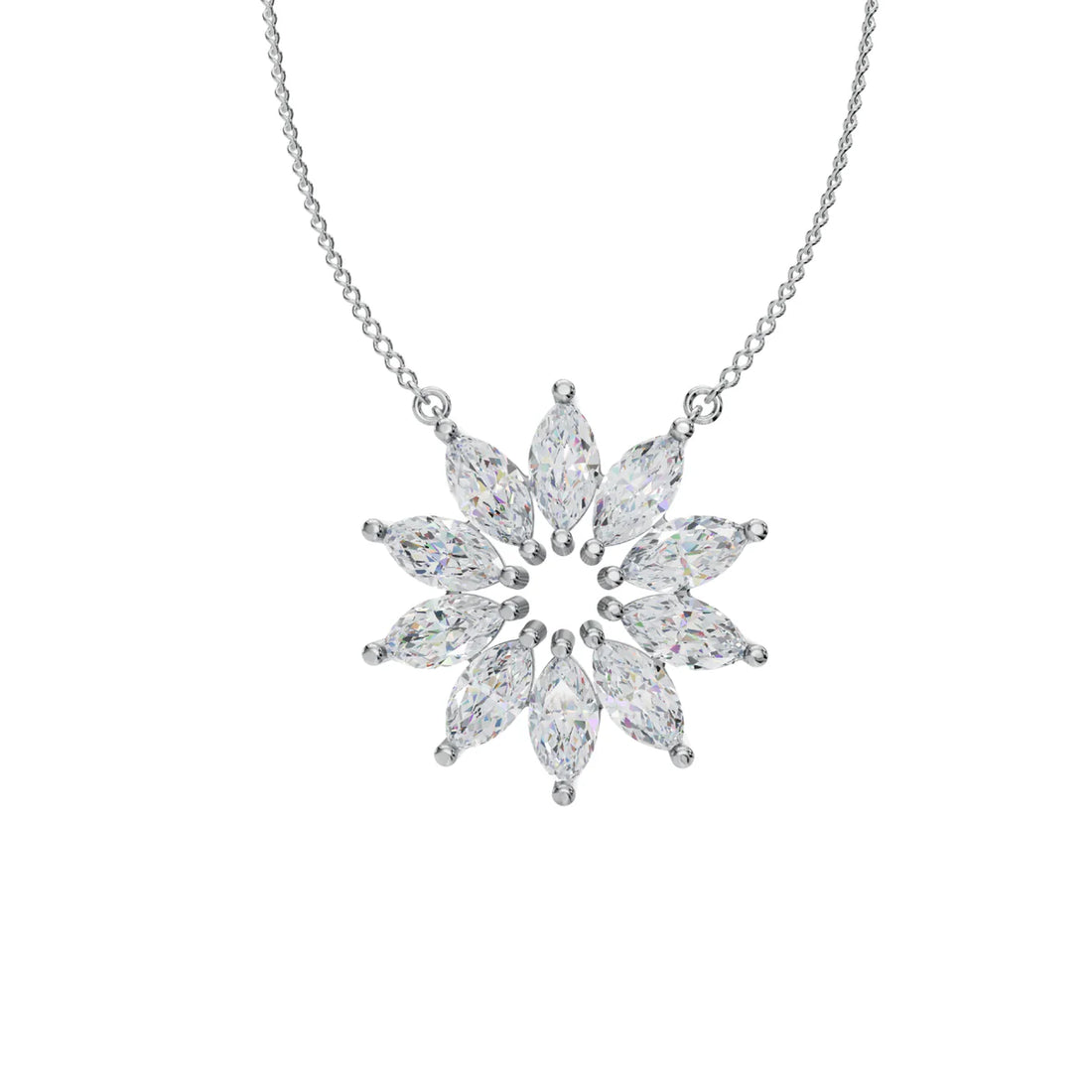 Marquise Diamond Floral Sunburst Pendant Necklace in 925 Sterling Silver ✨