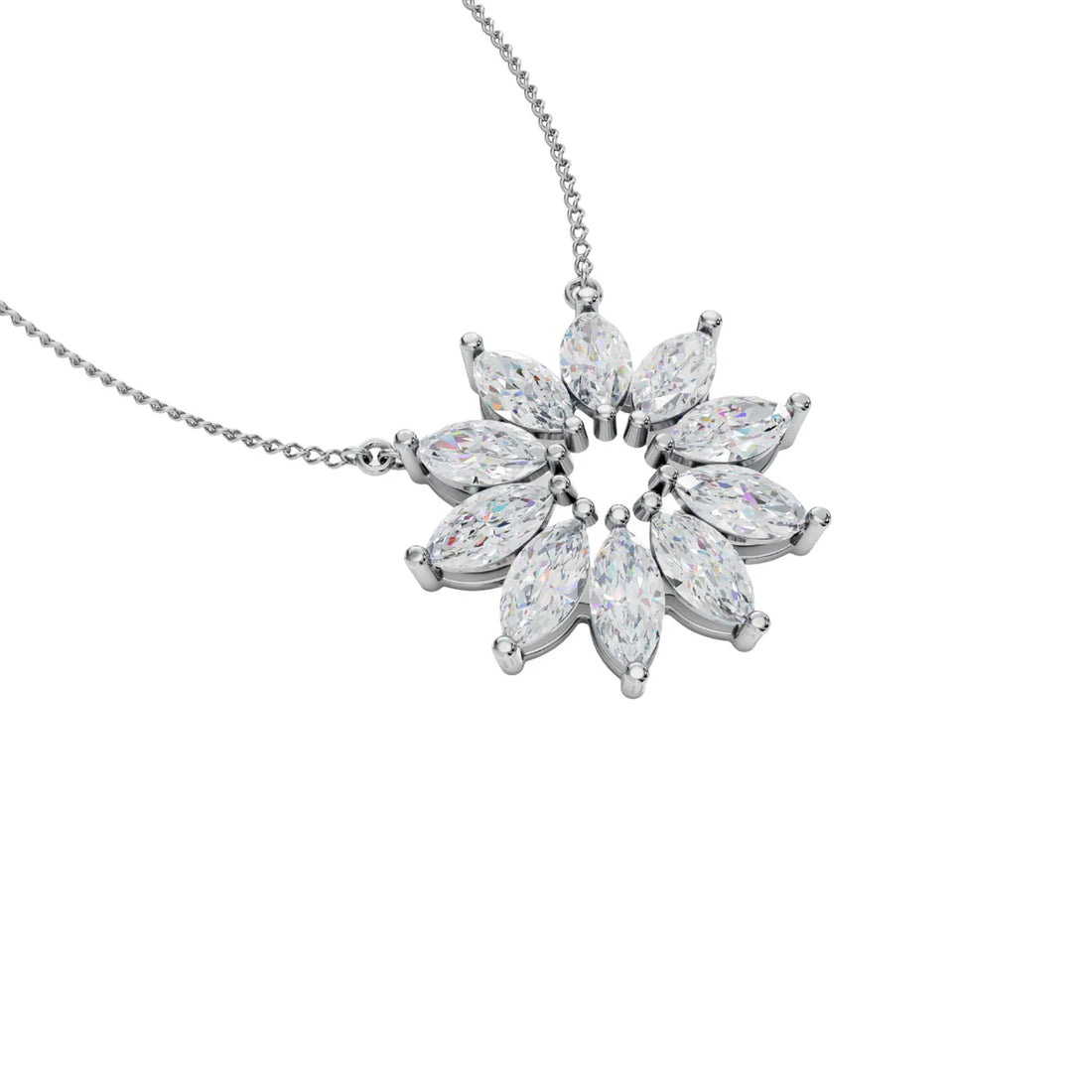 Marquise Diamond Floral Sunburst Pendant Necklace in 925 Sterling Silver ✨