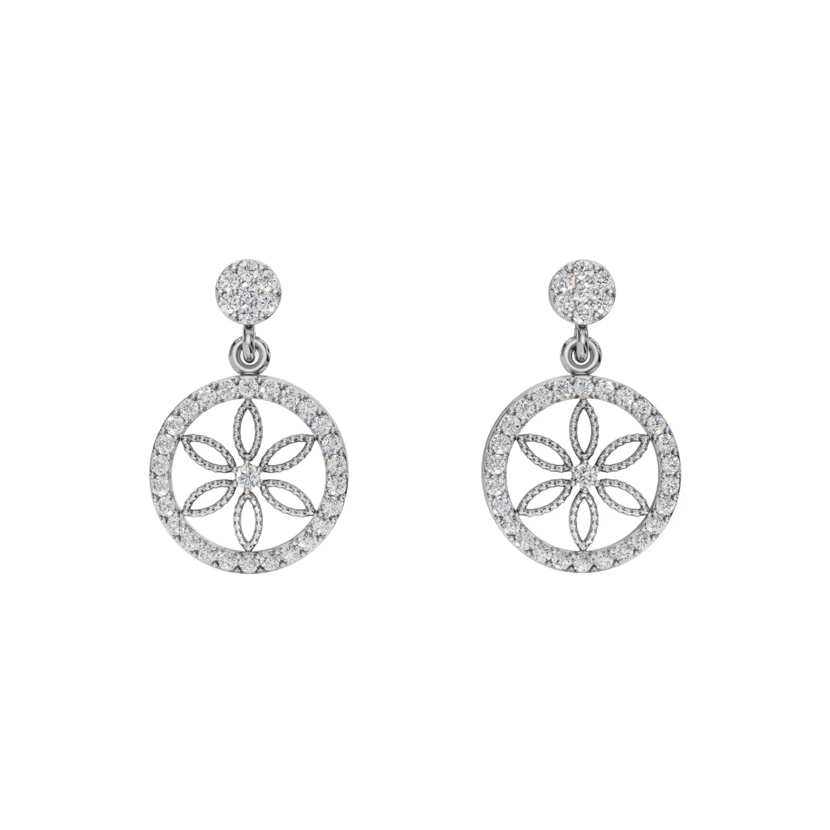 Diamond Pavé Flower of Life Dangle Earrings in Made With Pure 925 Silver
