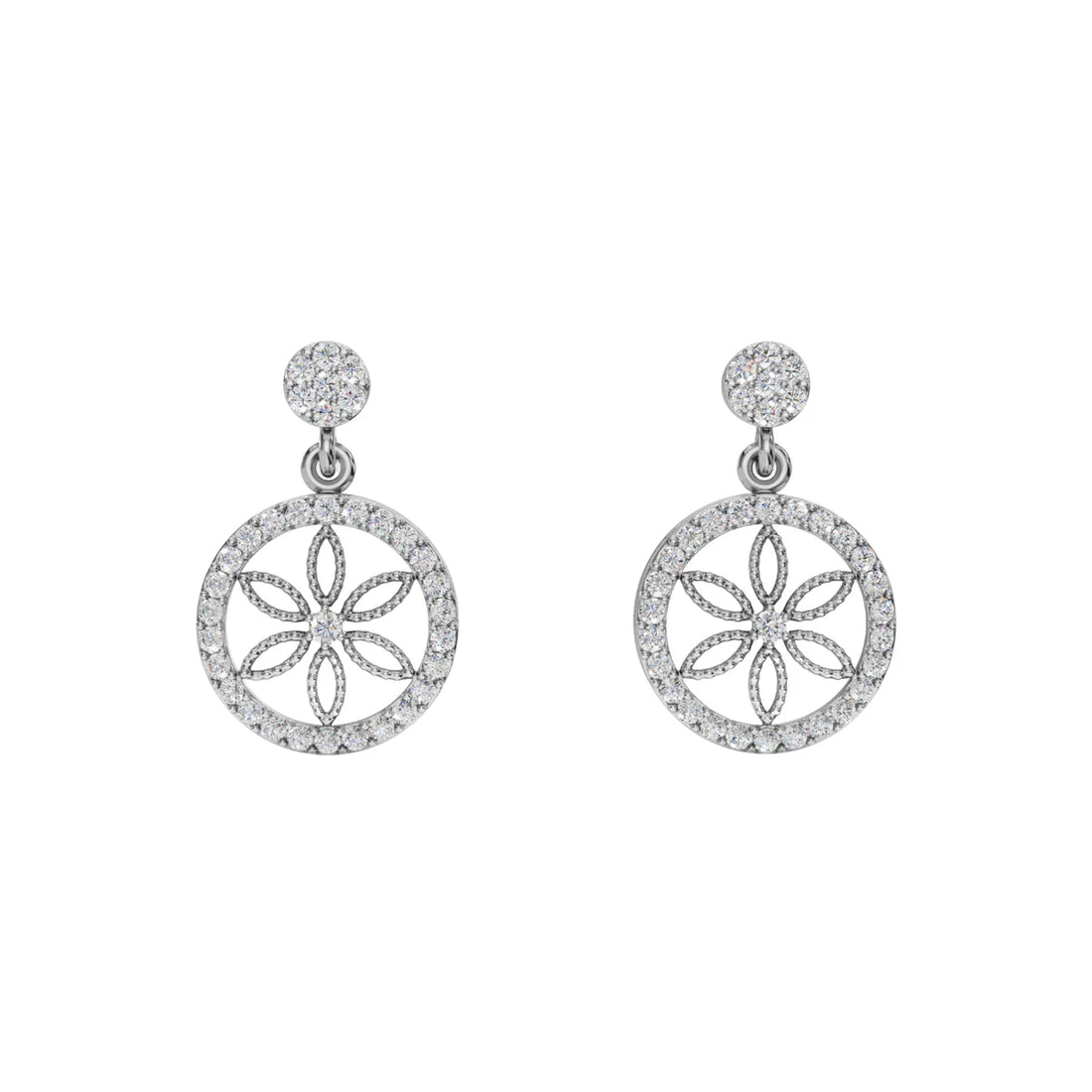 Diamond Pavé Flower of Life Dangle Earrings in Made With Pure 925 Silver