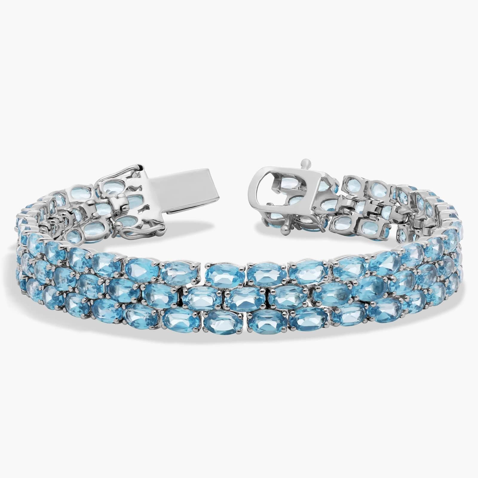 Ocean Cascade Triple Row Blue Topaz Tennis Bracelet in 925 Sterling Silver