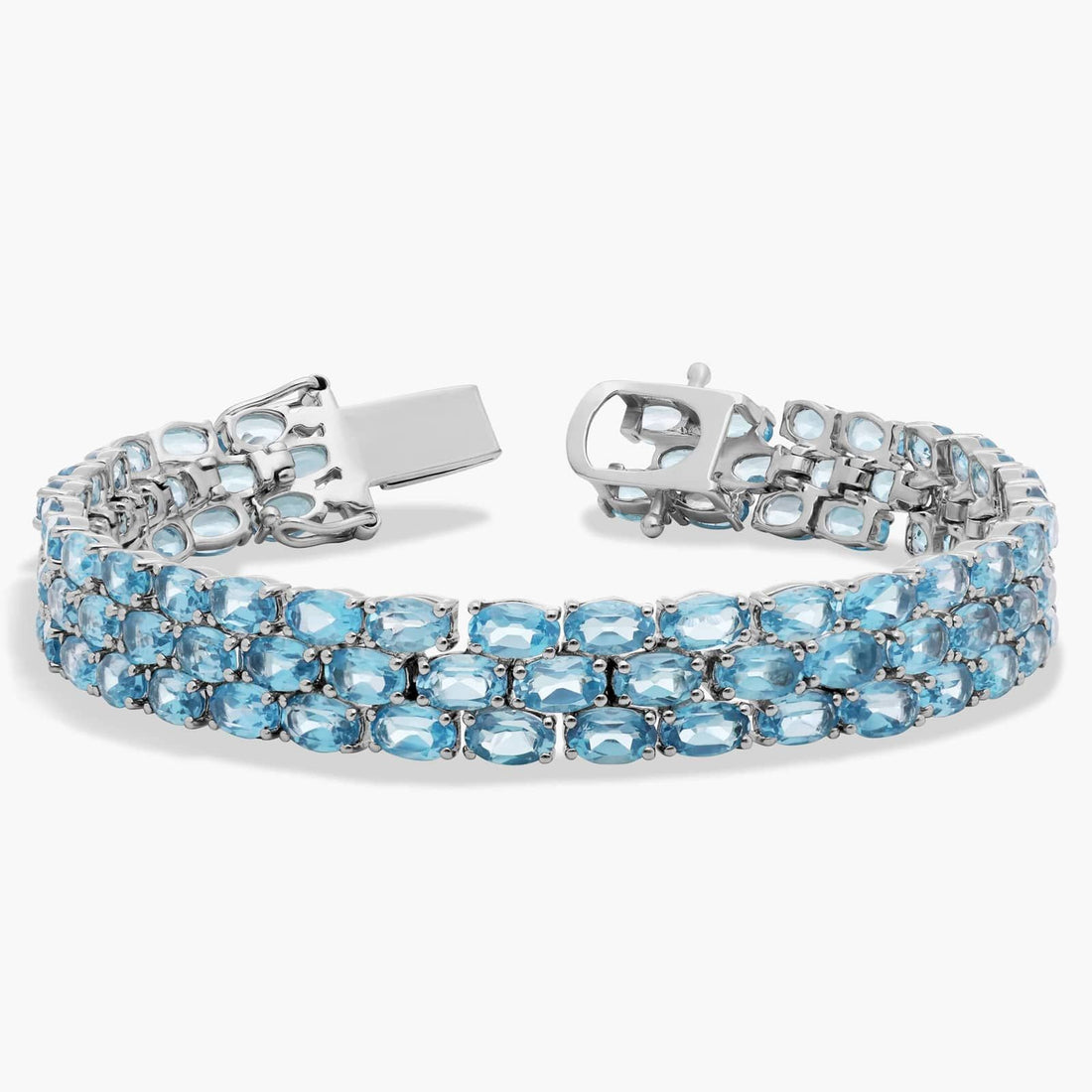 Ocean Cascade Triple Row Blue Topaz Tennis Bracelet in 925 Sterling Silver