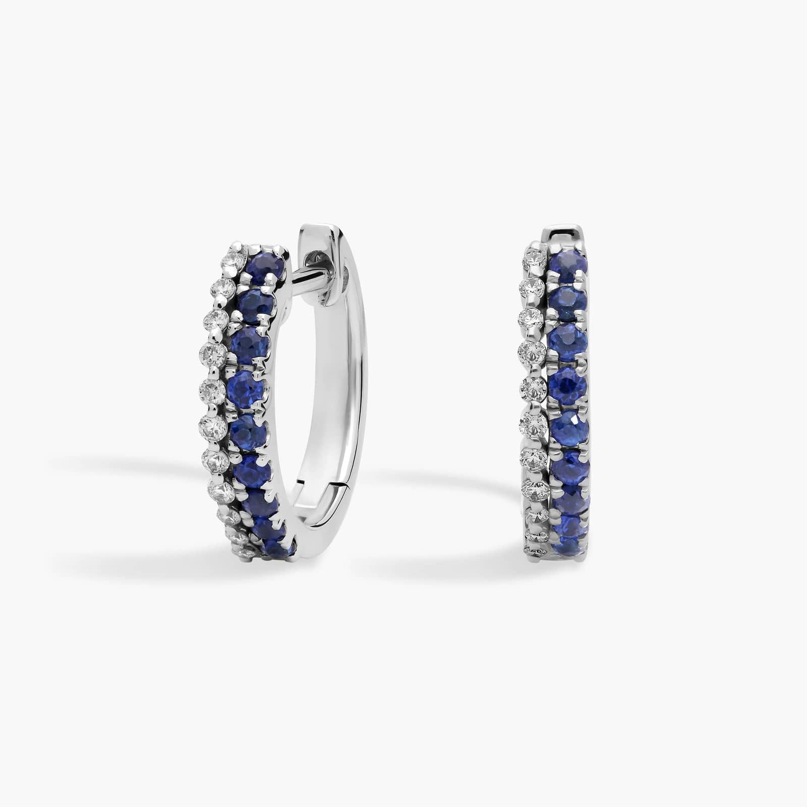 Petite Two Row Sapphire and Diamond Huggie Hoops in White Gold