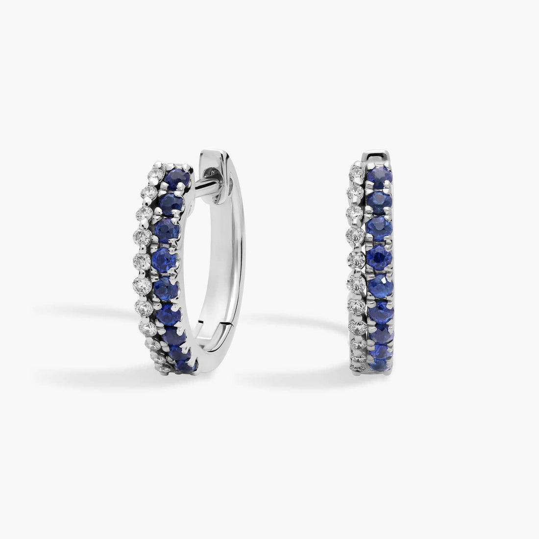 Petite Two Row Sapphire and Diamond Huggie Hoops in White Gold