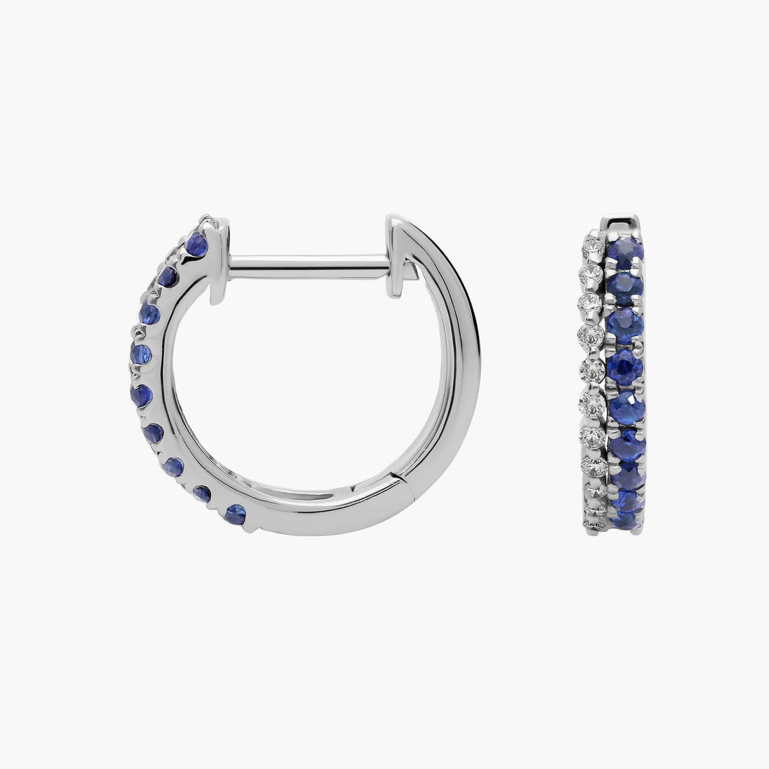 Petite Two Row Sapphire and Diamond Huggie Hoops in White Gold