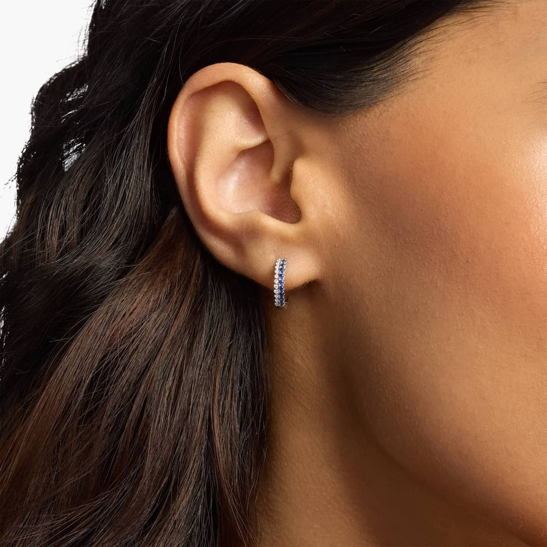 Petite Two Row Sapphire and Diamond Huggie Hoops in White Gold