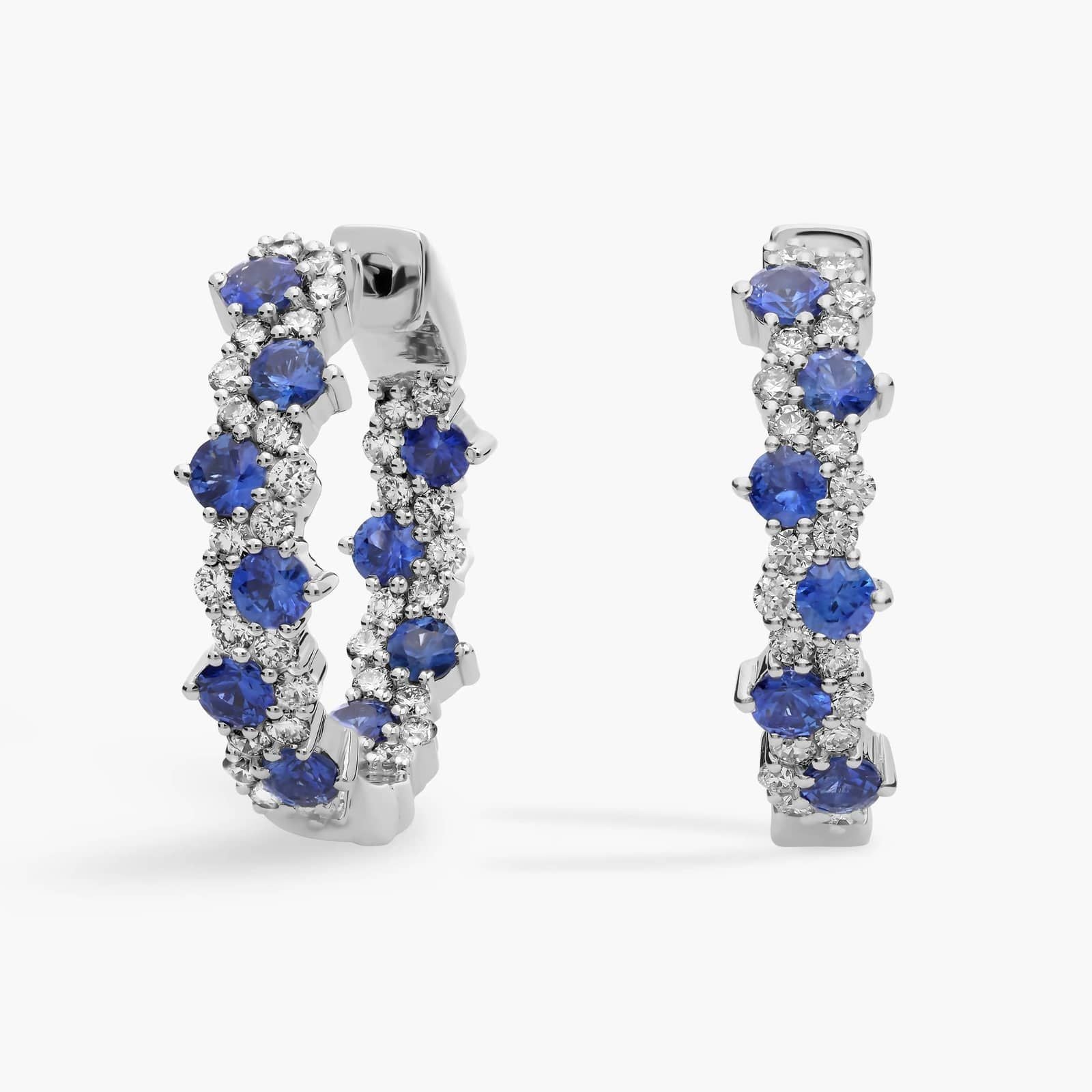 Staggered Sapphire and Diamond Hoop Earrings in White Gold