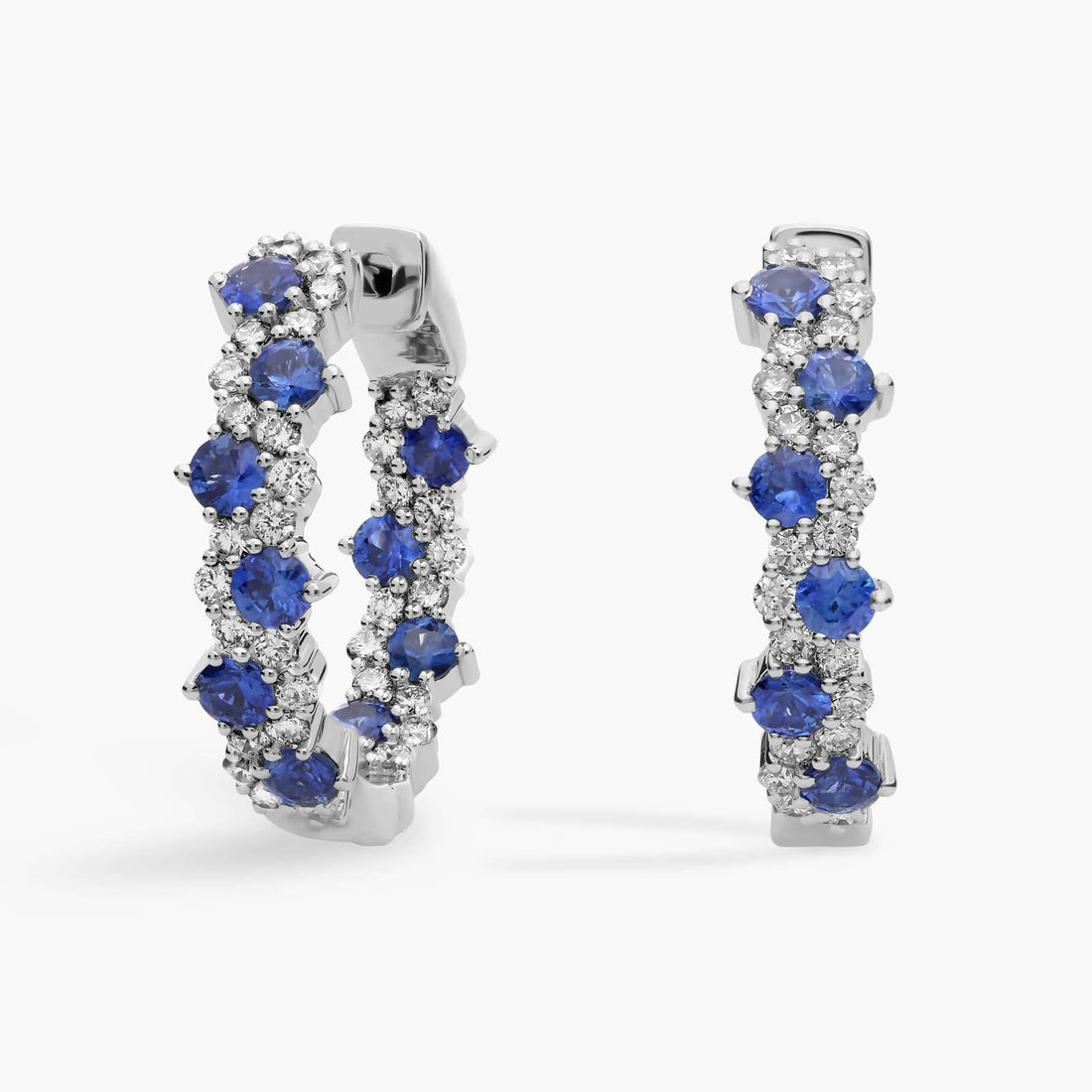 Staggered Sapphire and Diamond Hoop Earrings in White Gold