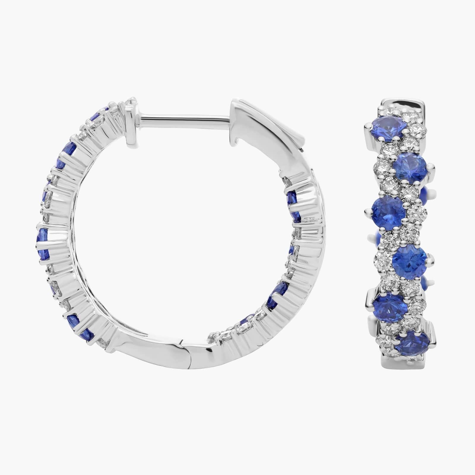 Staggered Sapphire and Diamond Hoop Earrings in White Gold