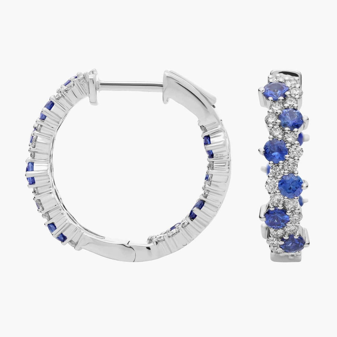 Staggered Sapphire and Diamond Hoop Earrings in White Gold