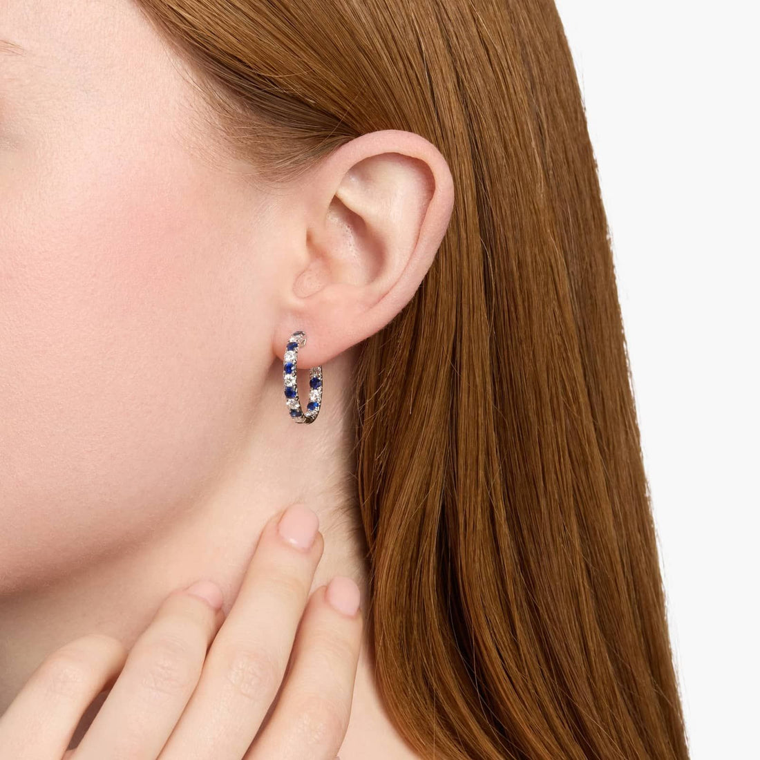 Alternating Sapphire/Ruby and Diamond French Pave Hoop Earrings in White Gold