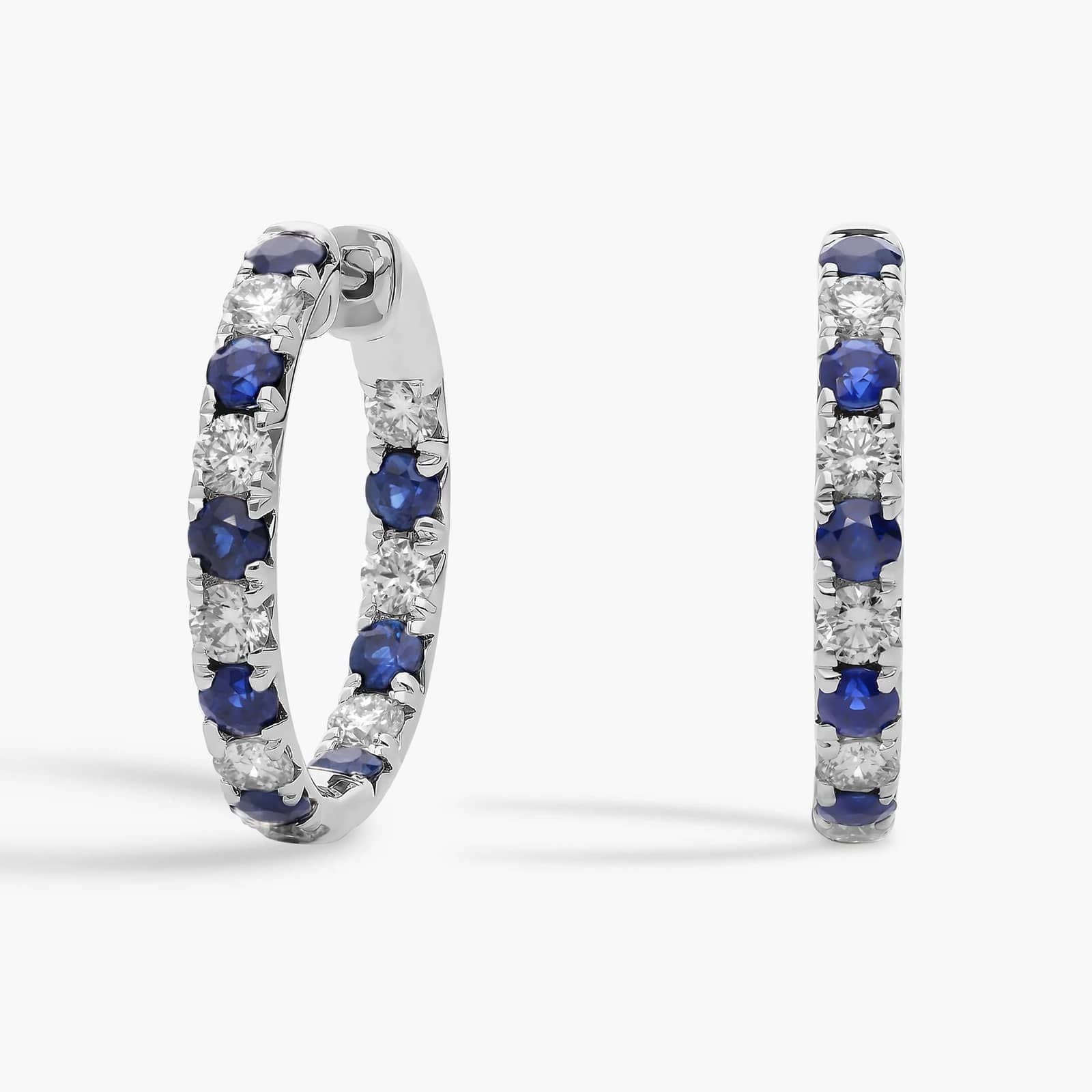 Alternating Sapphire/Ruby and Diamond French Pave Hoop Earrings in White Gold