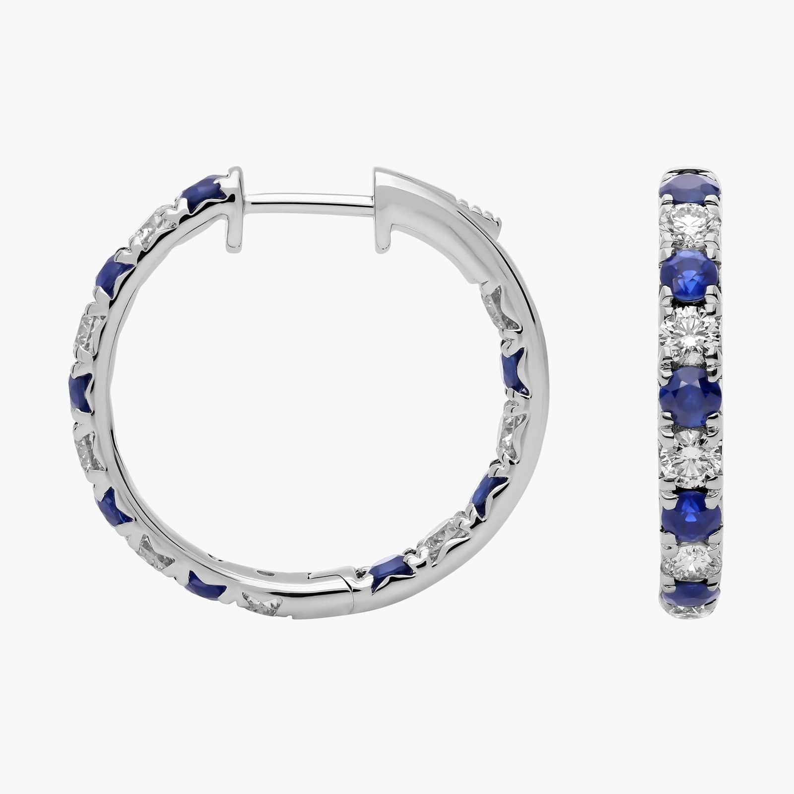 Alternating Sapphire/Ruby and Diamond French Pave Hoop Earrings in White Gold