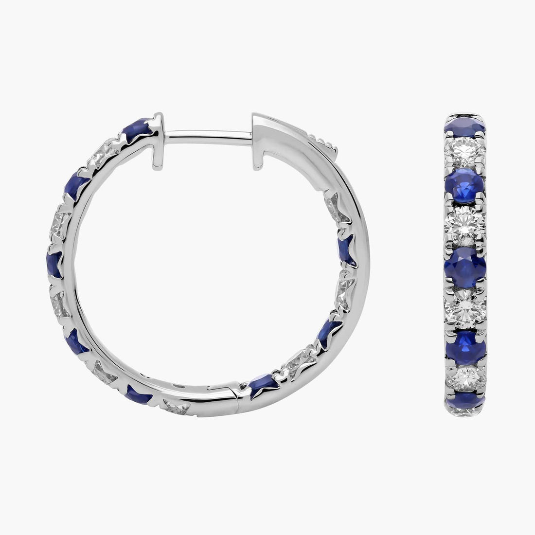 Alternating Sapphire/Ruby and Diamond French Pave Hoop Earrings in White Gold