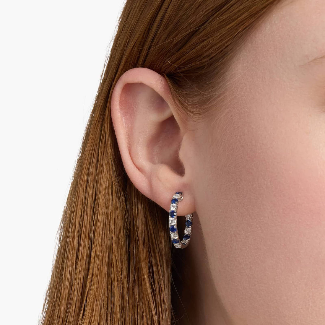 Alternating Sapphire/Ruby and Diamond French Pave Hoop Earrings in White Gold