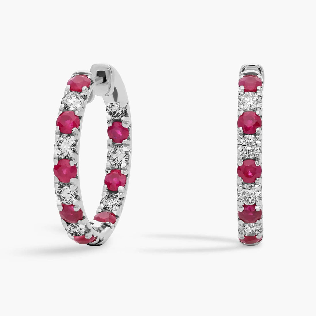 Alternating Sapphire/Ruby and Diamond French Pave Hoop Earrings in White Gold