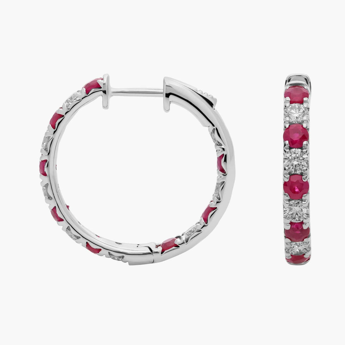 Alternating Sapphire/Ruby and Diamond French Pave Hoop Earrings in White Gold