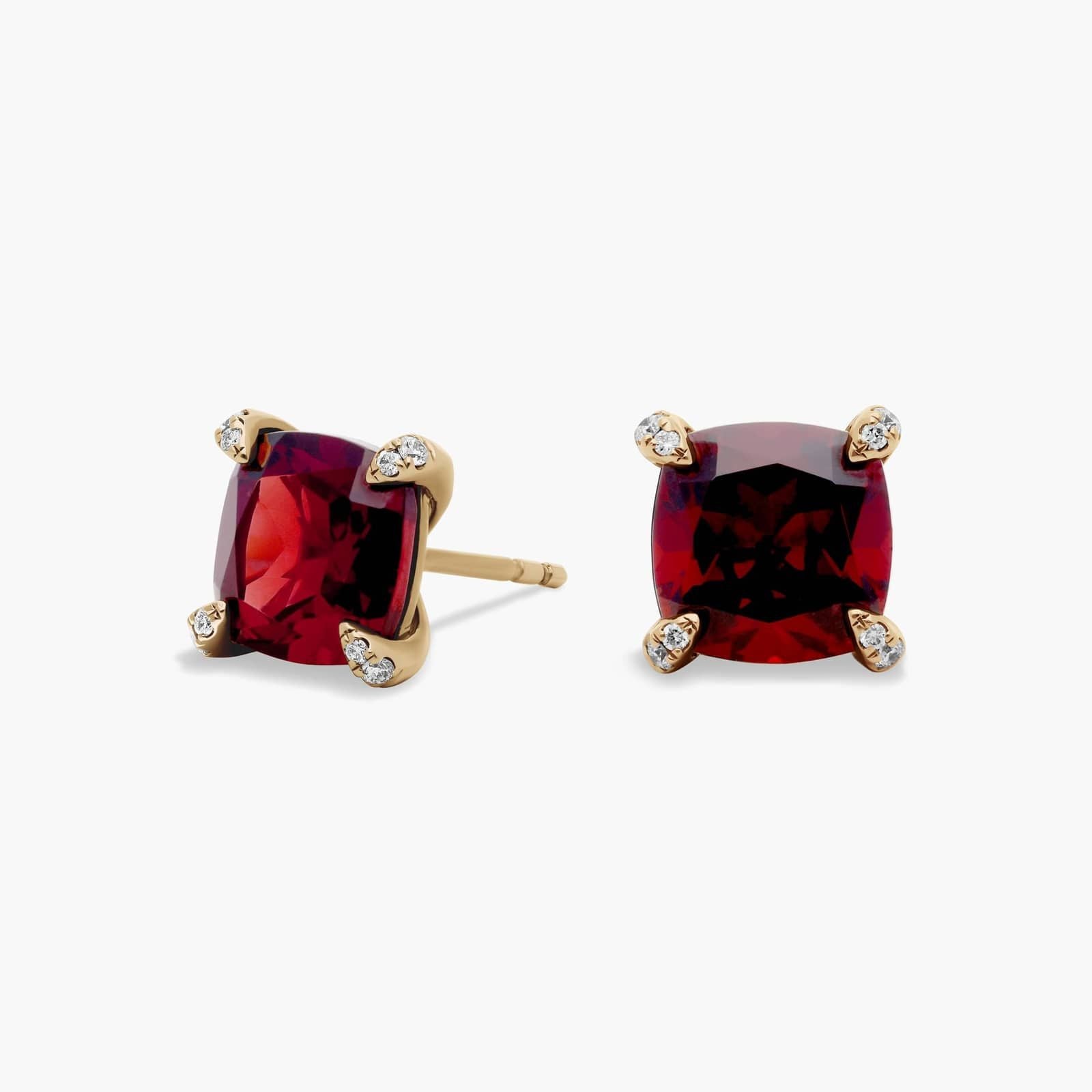 Royal Cushion Garnet Diamond-Tipped Stud Earrings Yellow Gold