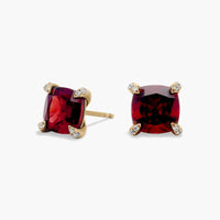 Royal Cushion Garnet Diamond-Tipped Stud Earrings Yellow Gold