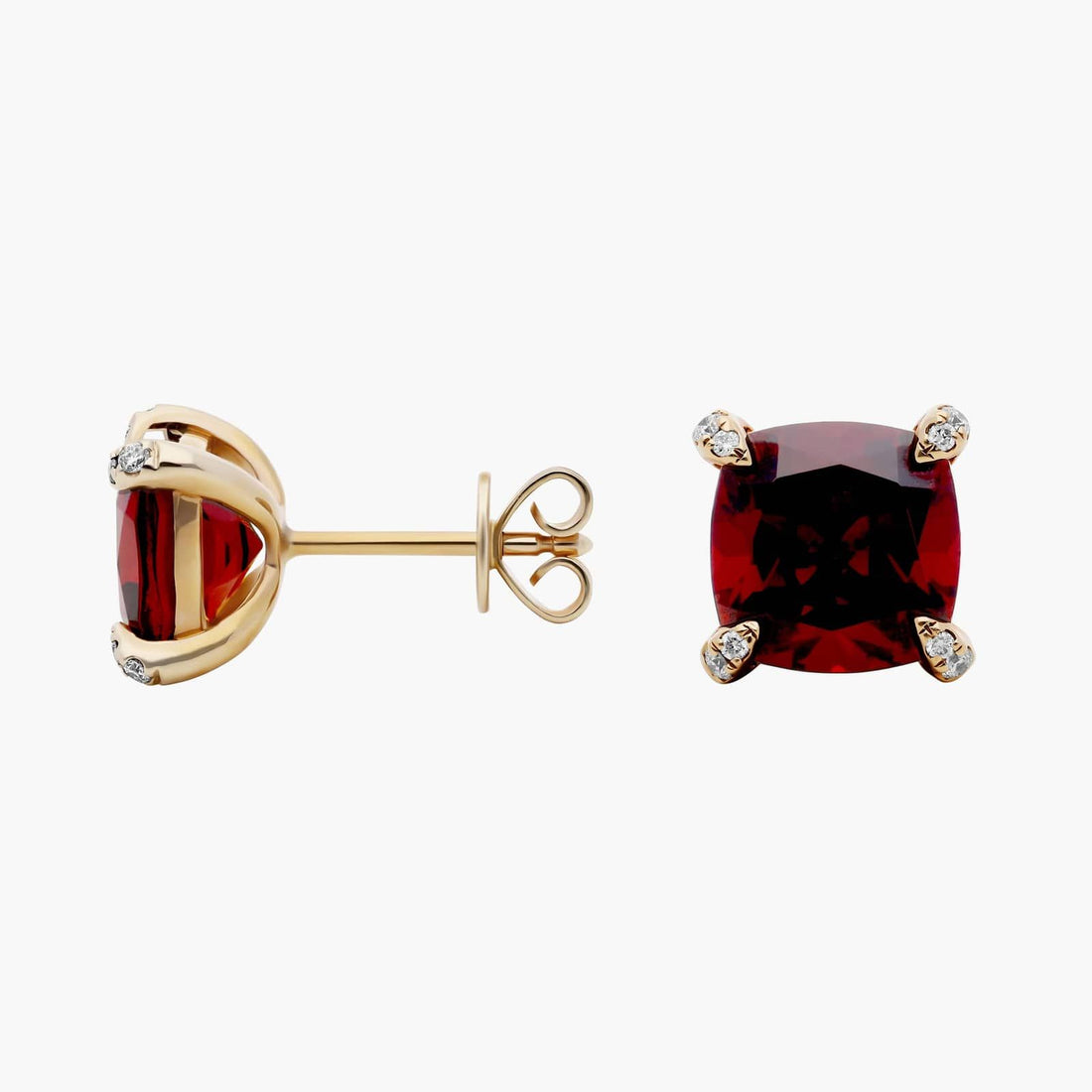 Royal Cushion Garnet Diamond-Tipped Stud Earrings Yellow Gold