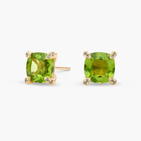 Royal Cushion Peridot Diamond-Tipped Stud Earrings in Yellow Gold