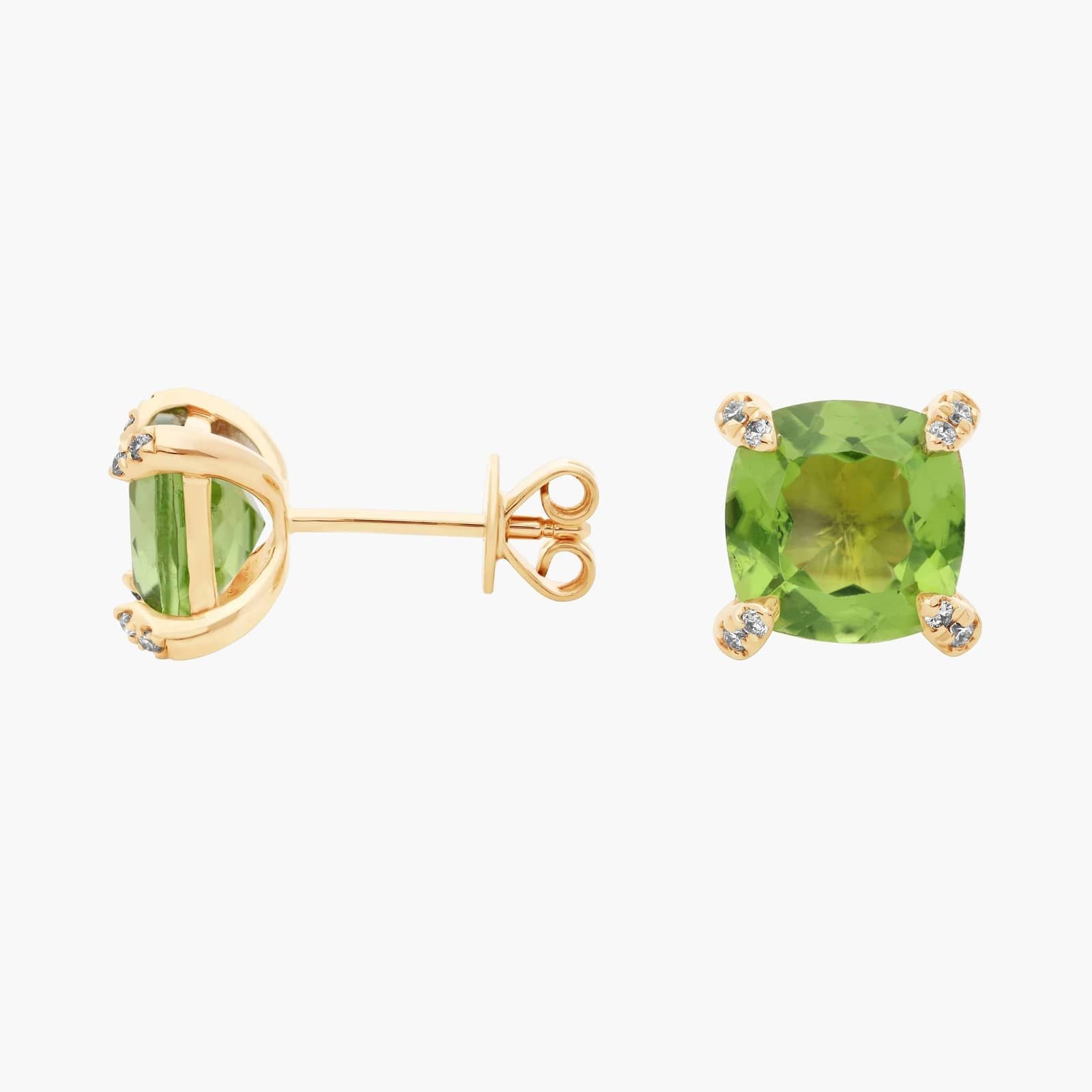 Royal Cushion Peridot Diamond-Tipped Stud Earrings in Yellow Gold