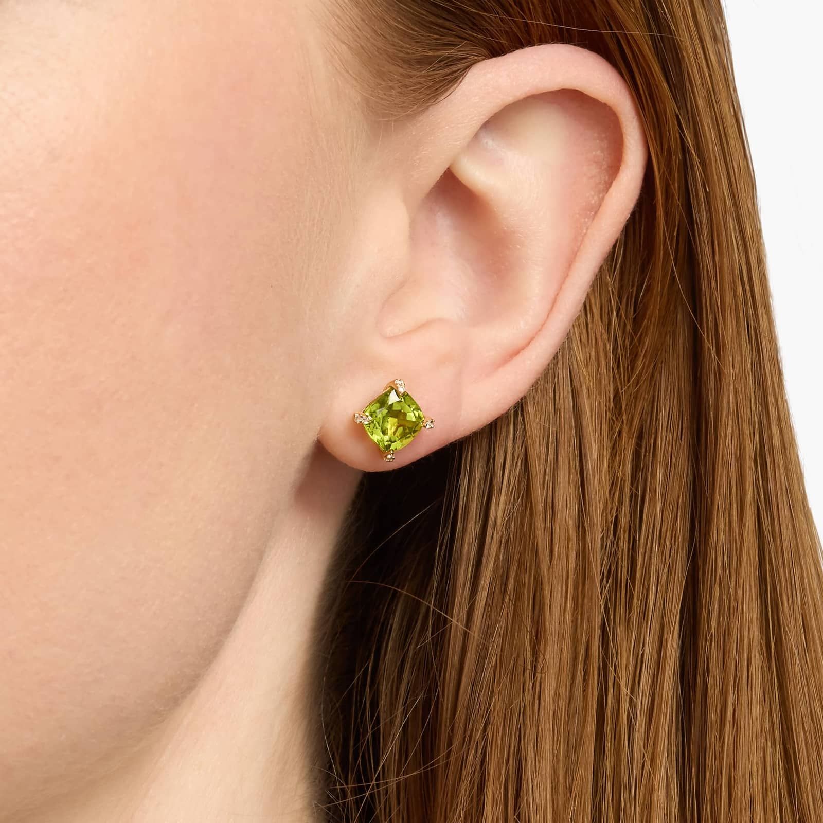 Royal Cushion Peridot Diamond-Tipped Stud Earrings in Yellow Gold
