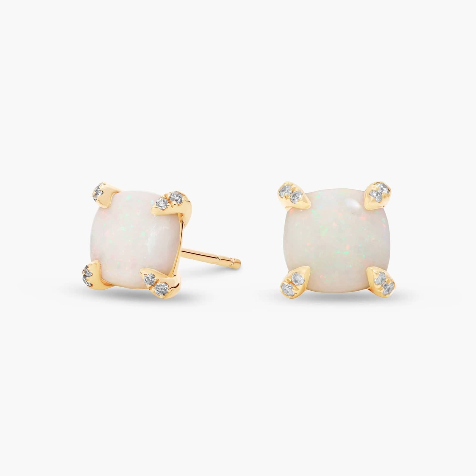 Royal Cushion White Opal Diamond-Tipped Stud Earrings in Yellow Gold