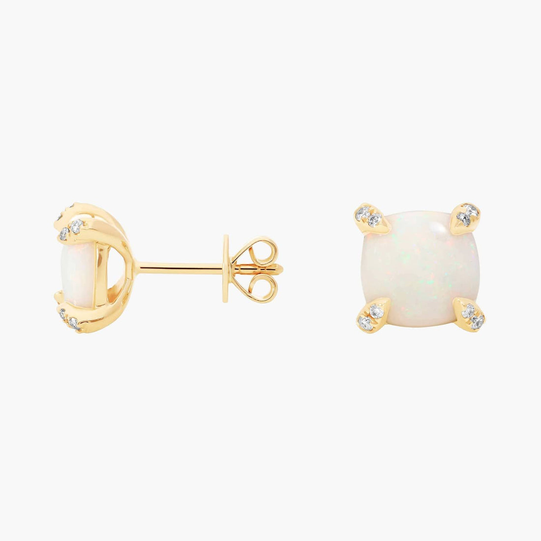 Royal Cushion White Opal Diamond-Tipped Stud Earrings in Yellow Gold