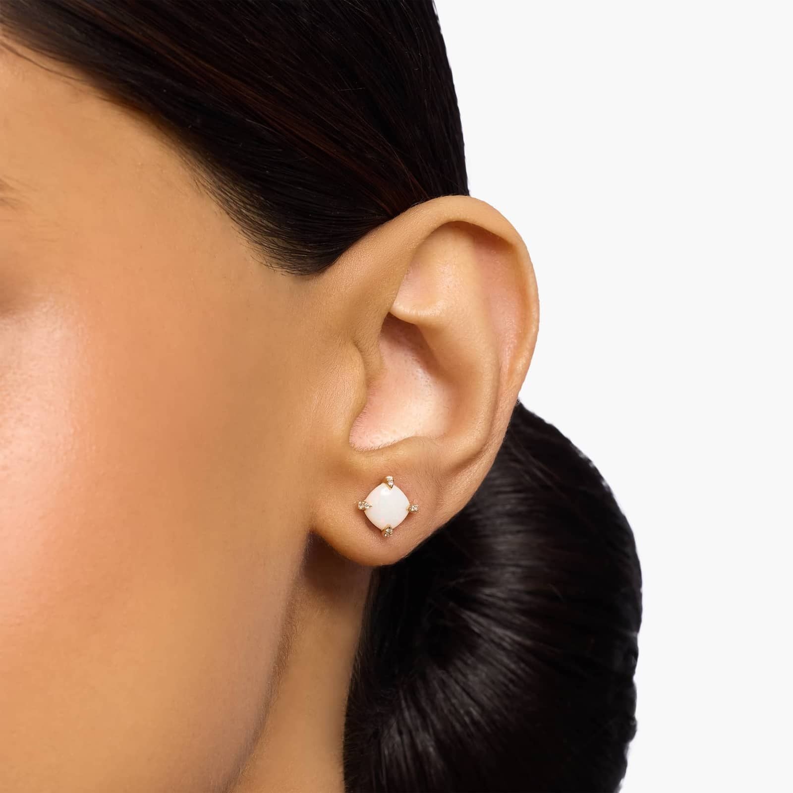 Royal Cushion White Opal Diamond-Tipped Stud Earrings in Yellow Gold