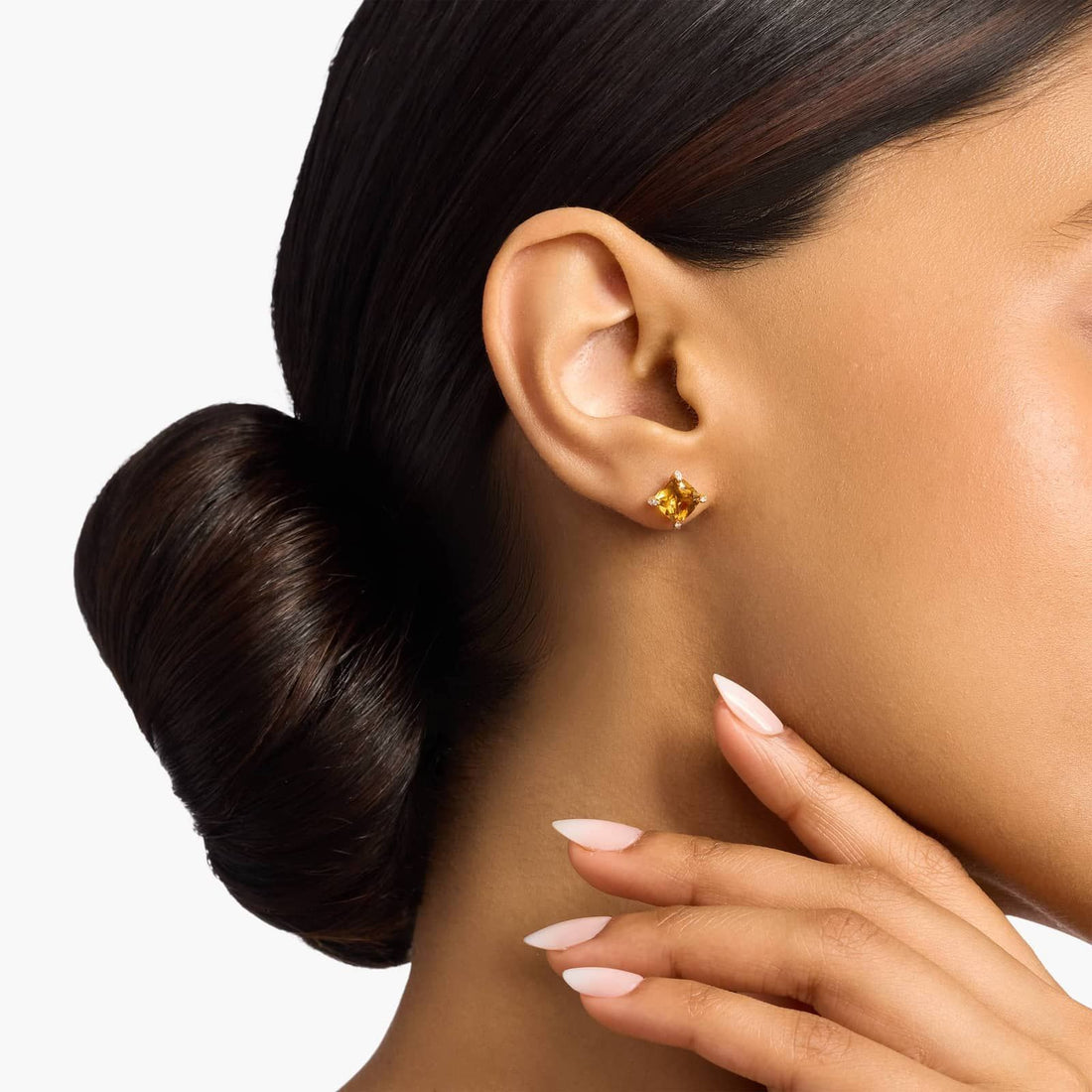 Royal Cushion Citrine Diamond-Tipped Stud Earrings in Yellow Gold