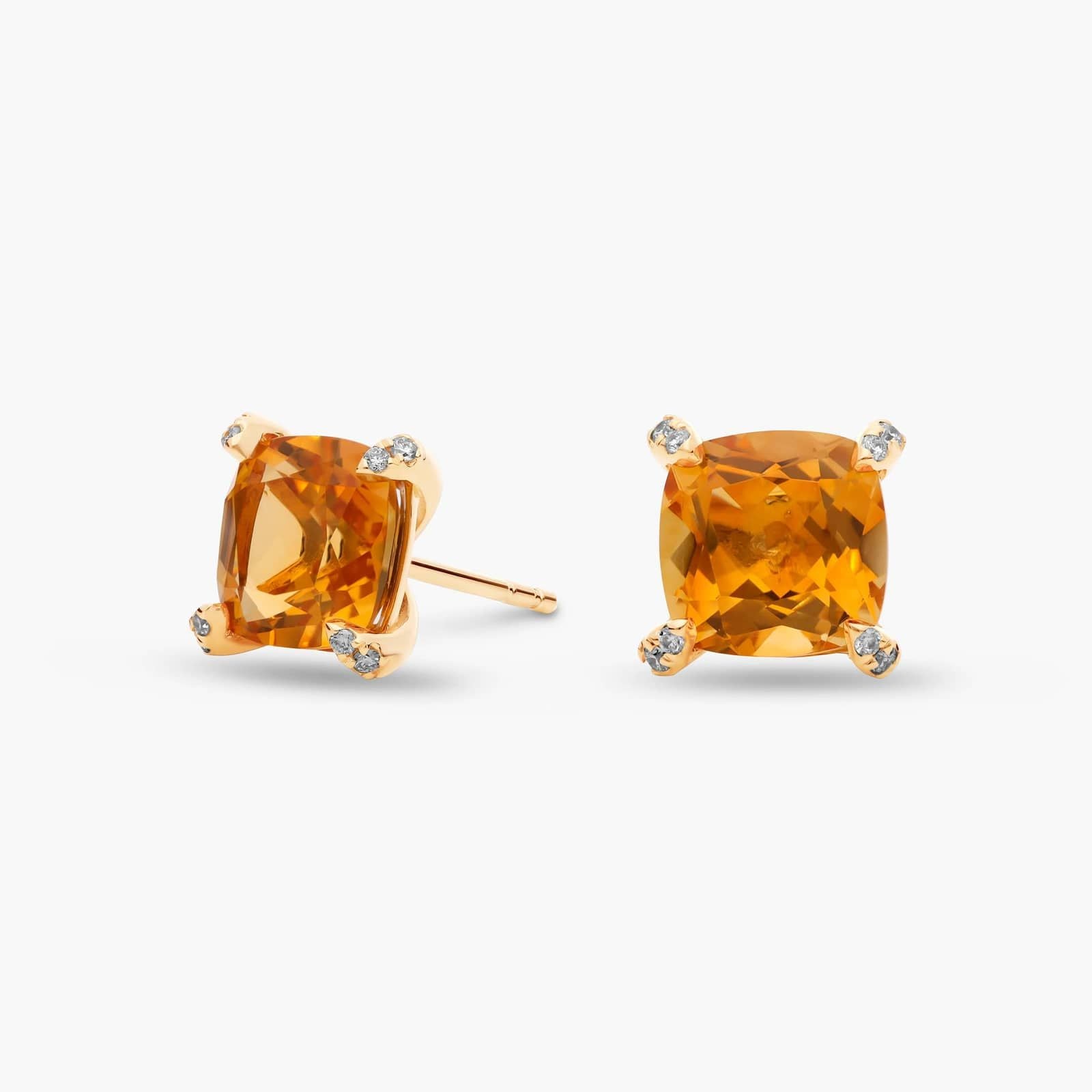 Royal Cushion Citrine Diamond-Tipped Stud Earrings in Yellow Gold