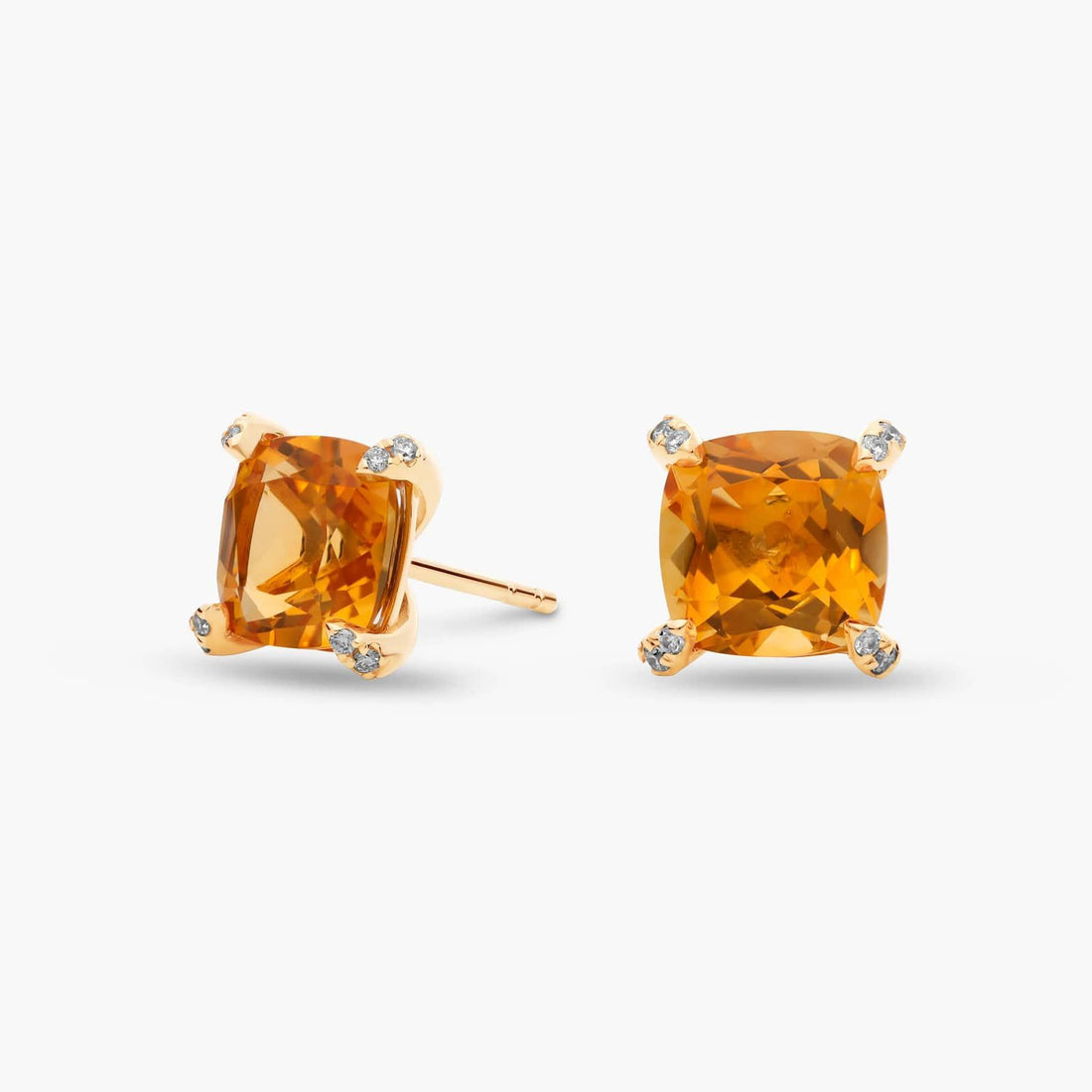 Royal Cushion Citrine Diamond-Tipped Stud Earrings in Yellow Gold