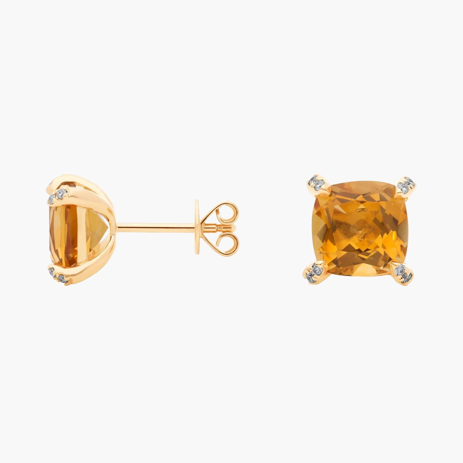 Royal Cushion Citrine Diamond-Tipped Stud Earrings in Yellow Gold
