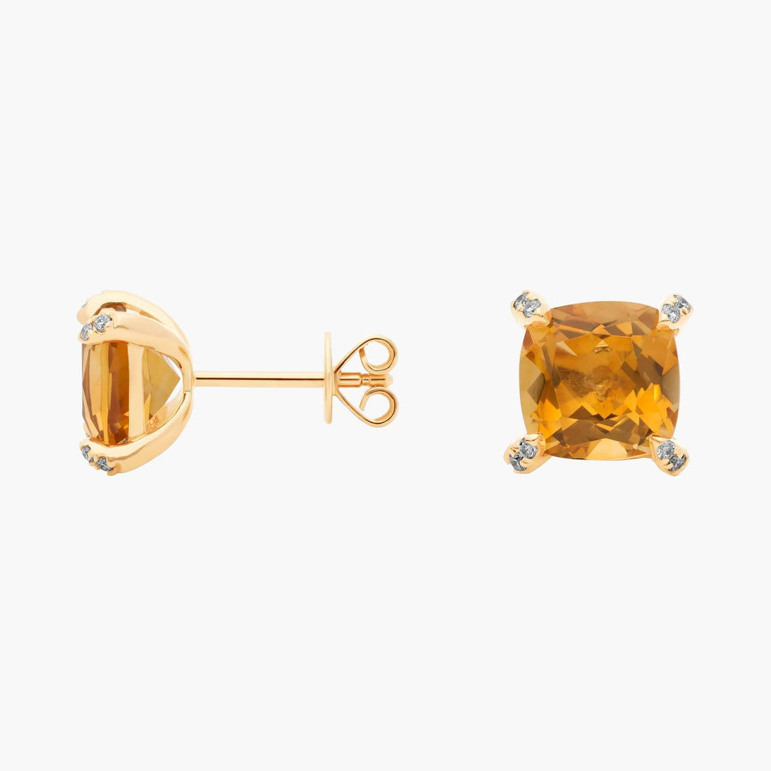Royal Cushion Citrine Diamond-Tipped Stud Earrings in Yellow Gold