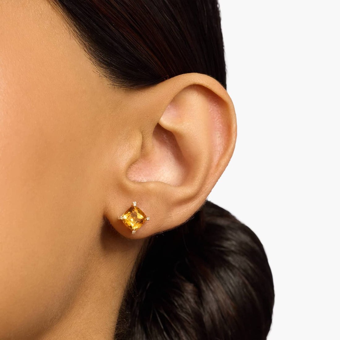 Royal Cushion Citrine Diamond-Tipped Stud Earrings in Yellow Gold