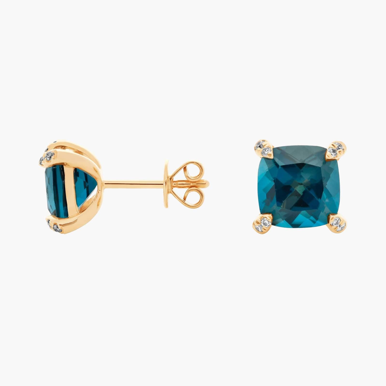 Royal Cushion London Blue Topaz Diamond-Tipped Stud Earrings in Yellow Gold