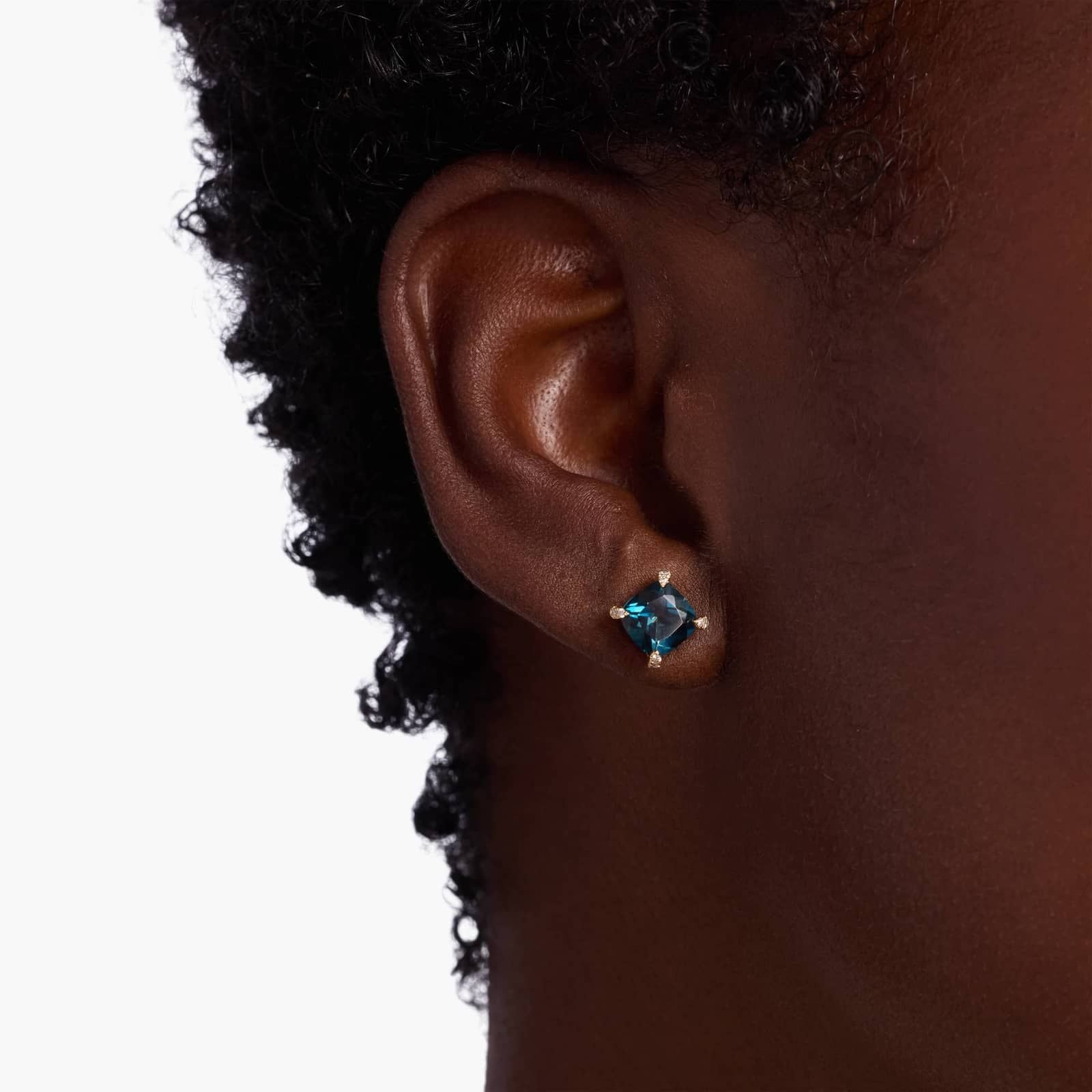 Royal Cushion London Blue Topaz Diamond-Tipped Stud Earrings in Yellow Gold