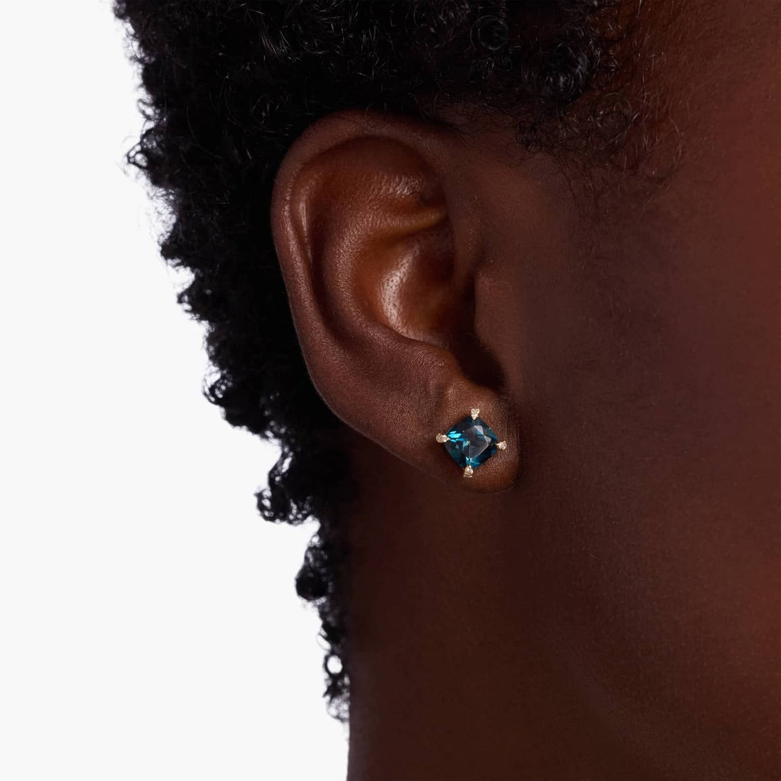 Royal Cushion London Blue Topaz Diamond-Tipped Stud Earrings in Yellow Gold