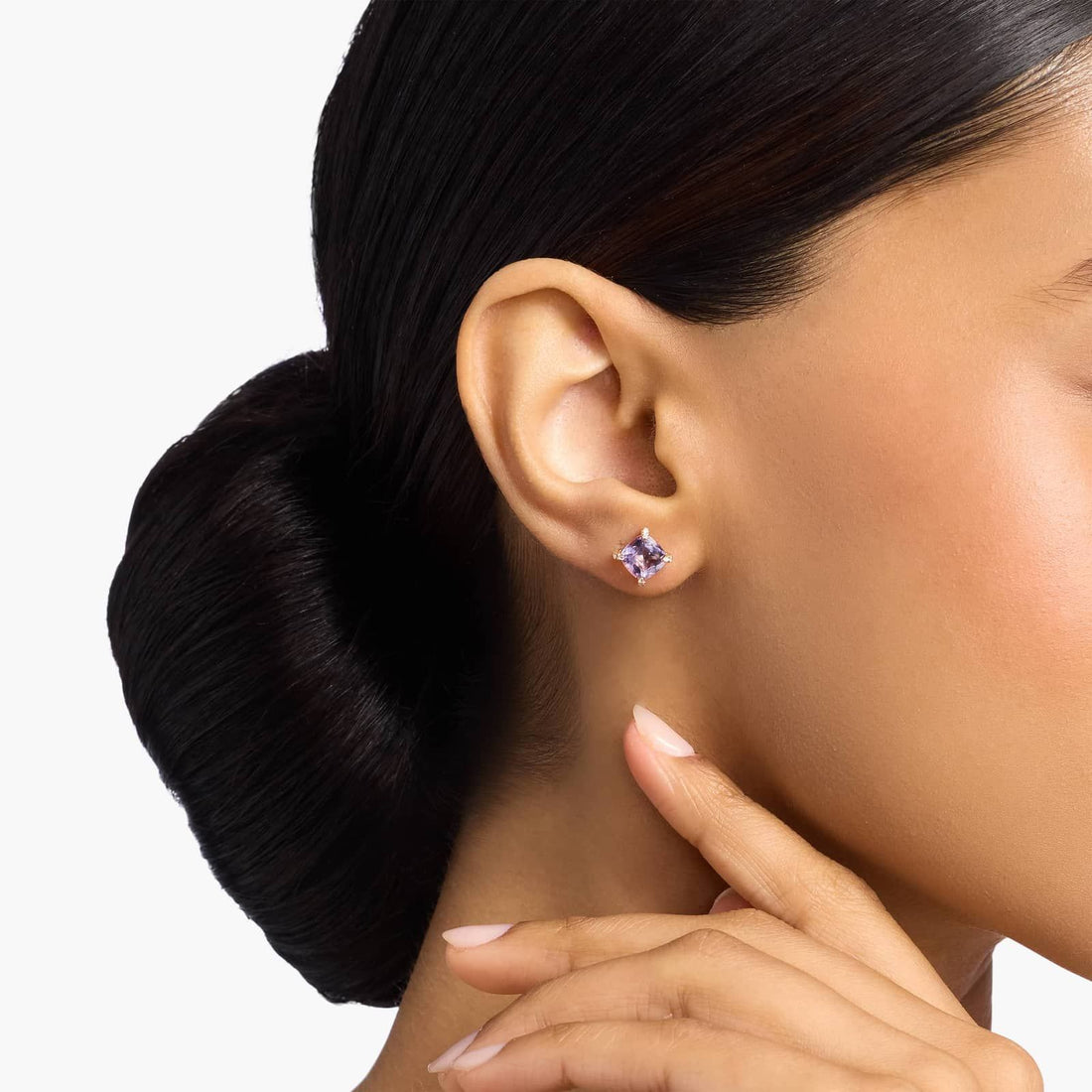 Royal Cushion Amethyst Diamond-Tipped Stud Earrings in Yellow Gold