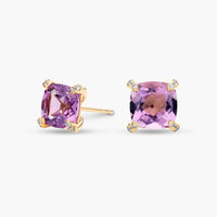 Royal Cushion Amethyst Diamond-Tipped Stud Earrings in Yellow Gold