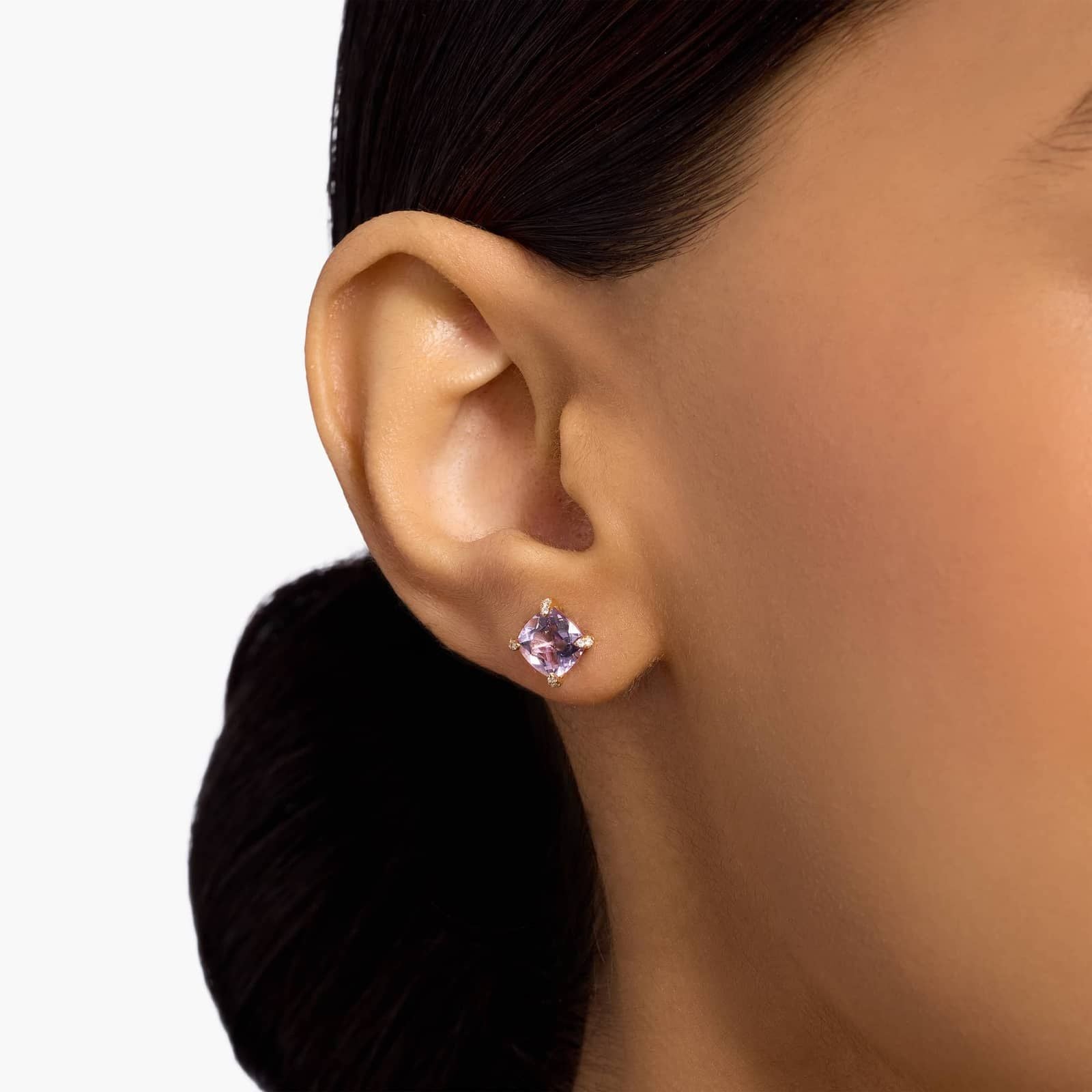 Royal Cushion Amethyst Diamond-Tipped Stud Earrings in Yellow Gold