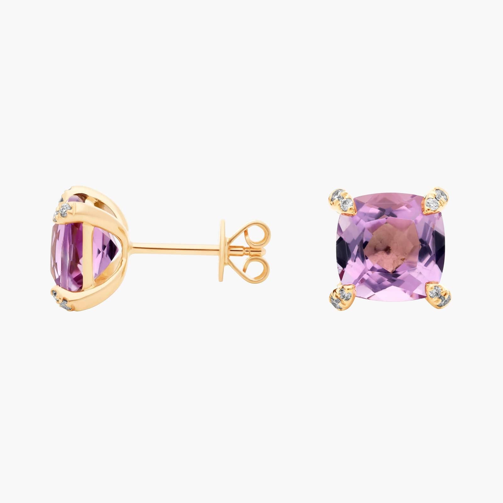 Royal Cushion Amethyst Diamond-Tipped Stud Earrings in Yellow Gold